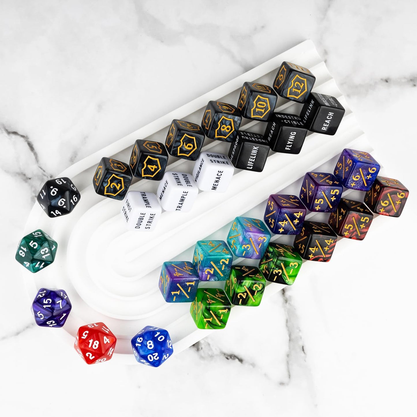 ORUNI 75-Piece MTG Counter Dice Set with Velvet Bag – Shield, Ability, Plus/Minus & D20