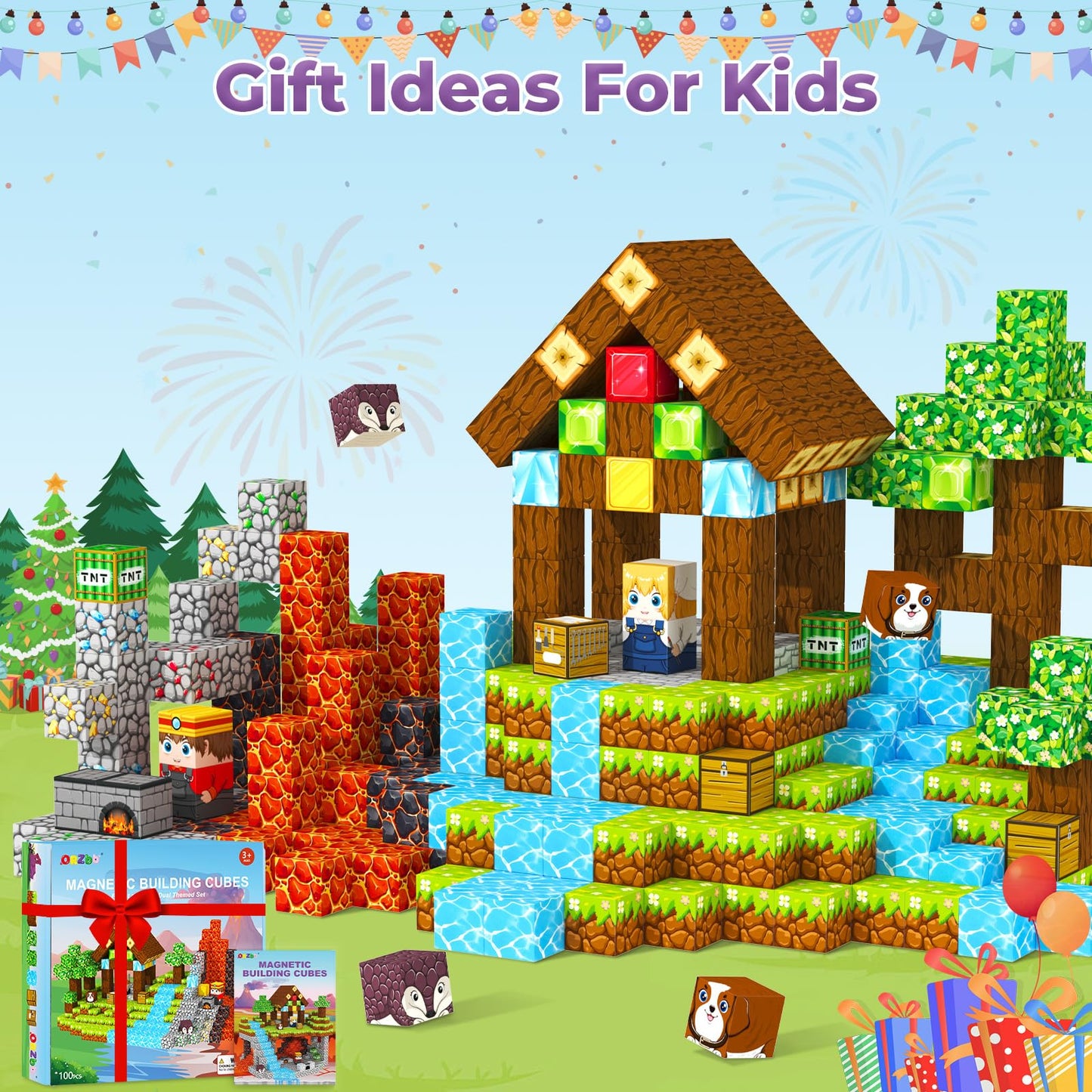 ORZbb Magnetic Blocks & Tiles Set — Forest & Mine Themes, 0.8in Cubes, Ages 3–8