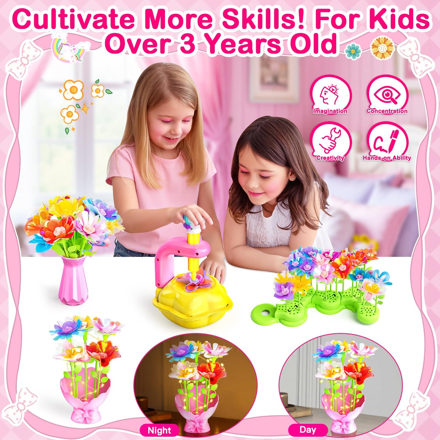 Osllate DIY Flower Bouquet Craft Kit for Kids – Lighted Vase & Unicornous Design (Pink)