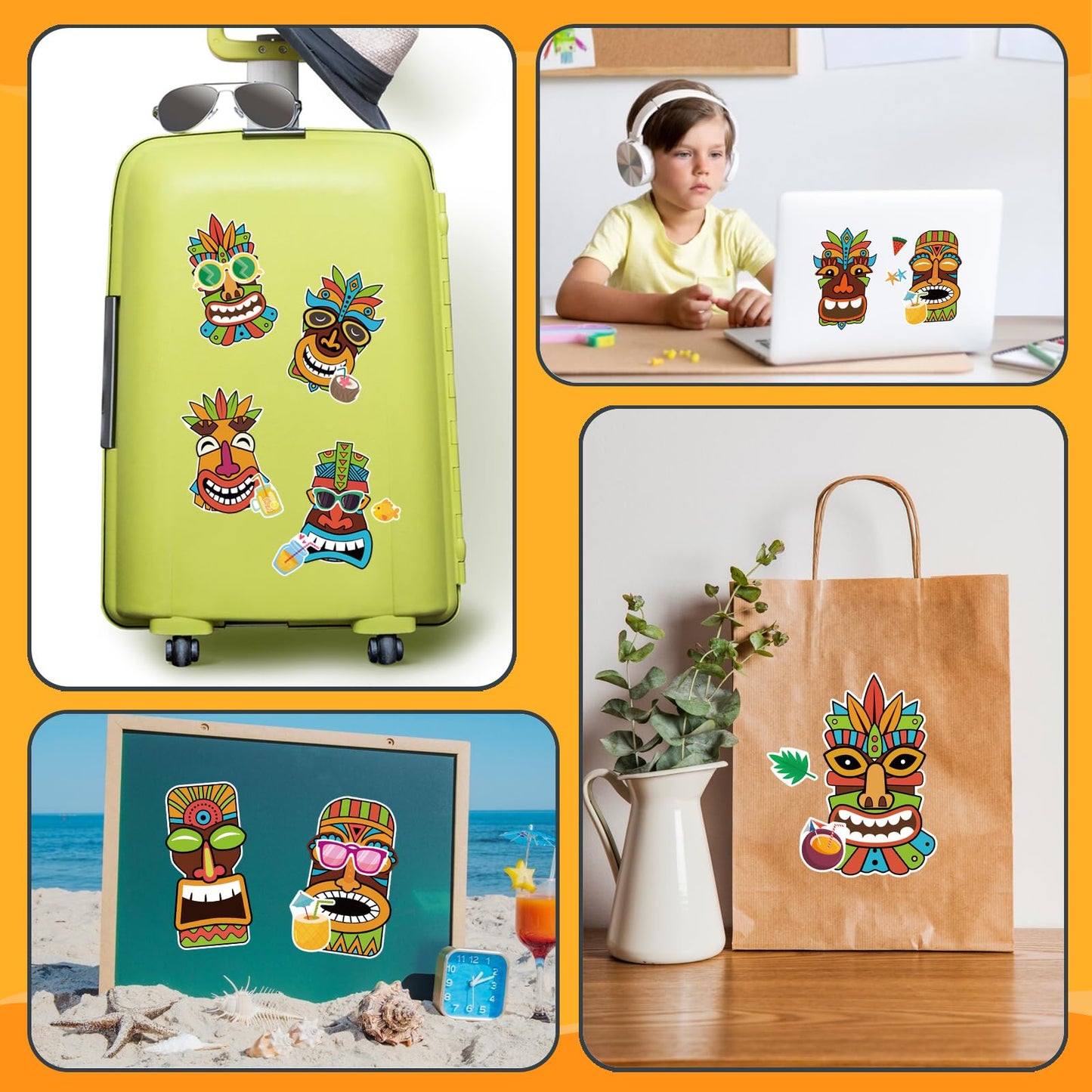OTAITY 24 Sheets Summer Tiki Face Stickers – Self-Adhesive Tropical Kids Craft Set