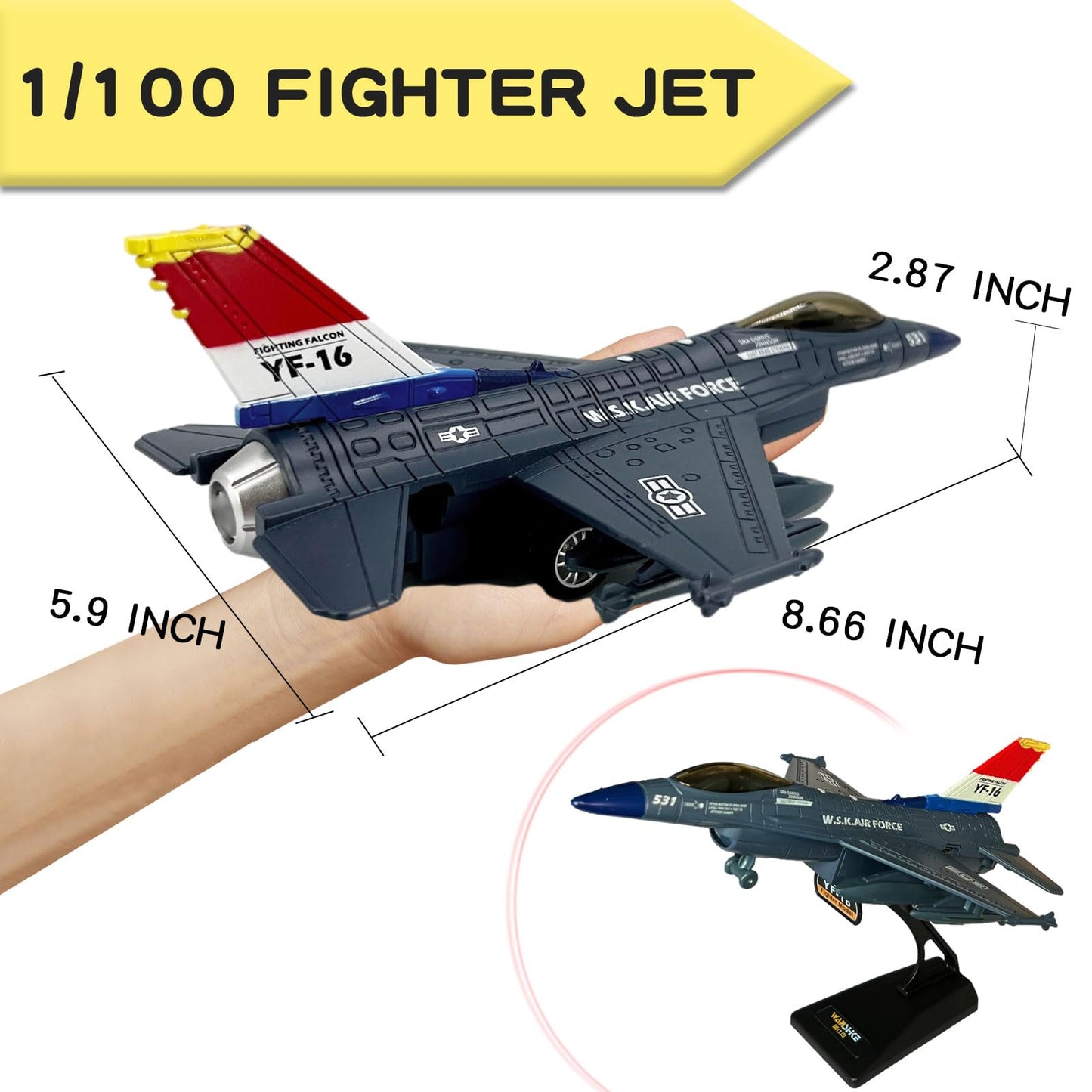 OTONOPI F-16 Fighter Jet Toy – Diecast Pull-Back with Lights & Spray (Blue)