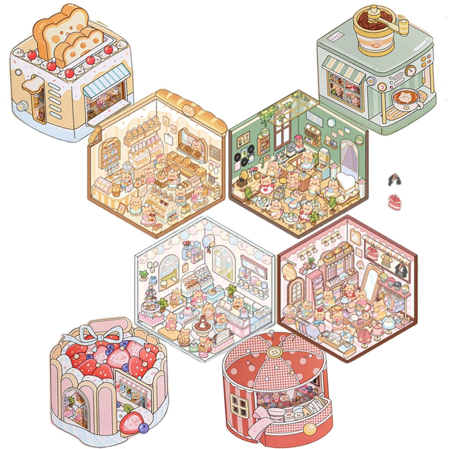 OTYSLIU | 4 Sets DIY 3D Sticker Scenes Book — Dessert Shop, Bakery, Cafe & Clothing Store Themes