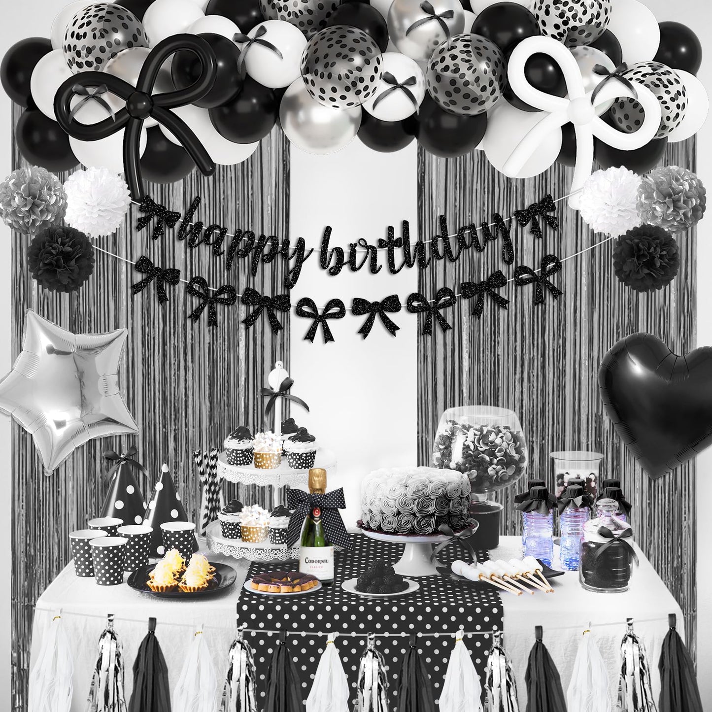 Ouddy Party Black Bow Birthday Decorations – Coquette Black & White Theme Kit
