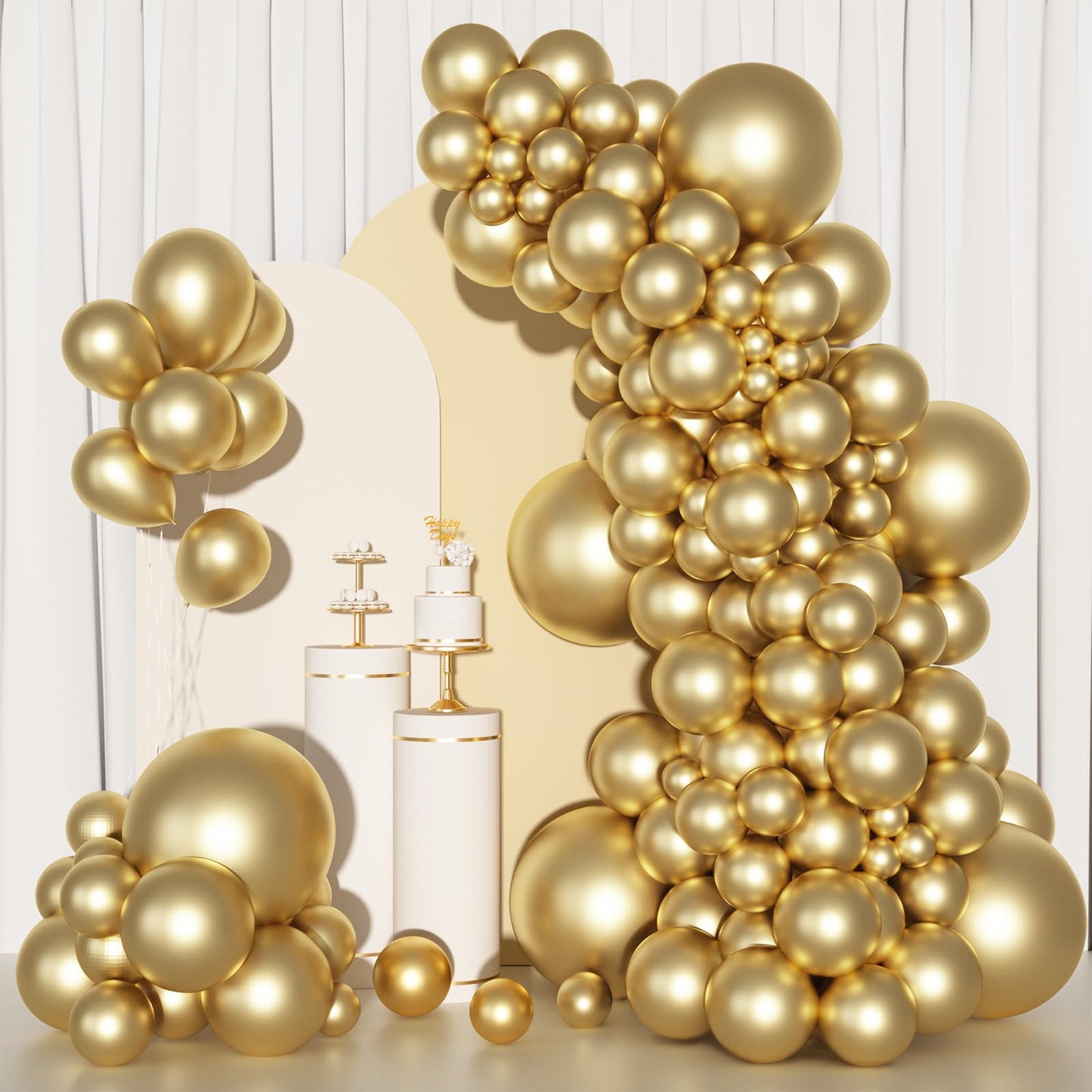 Ouddy Party 129Pcs Metallic Gold Balloon Kit – 18in/12in/10in/5in Latex with Arch Strip & Ribbon
