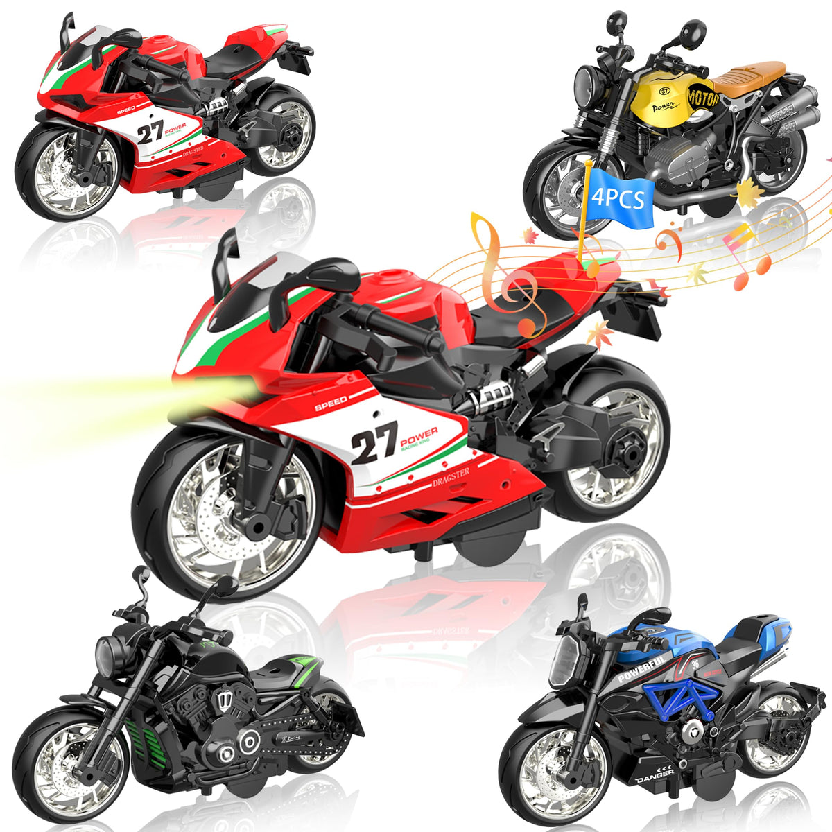 OUFOTAT 4-Pack Pull-Back Motorcycles with Lights & Sounds – Durable Toy Bikes for Ages 3+