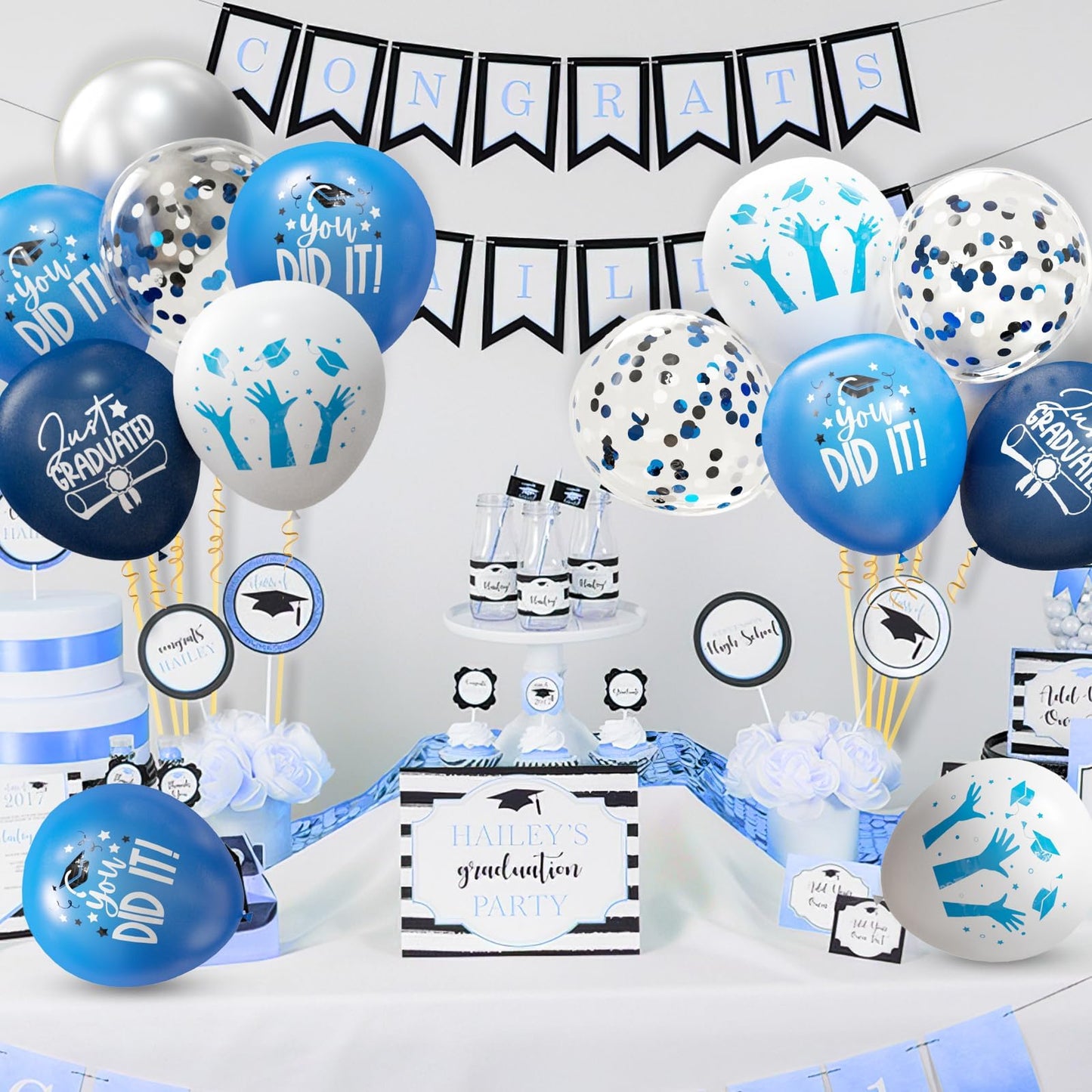 OuMuaMua 70pcs Graduation Balloon Kit – Blue, White & Silver for Class of 2026