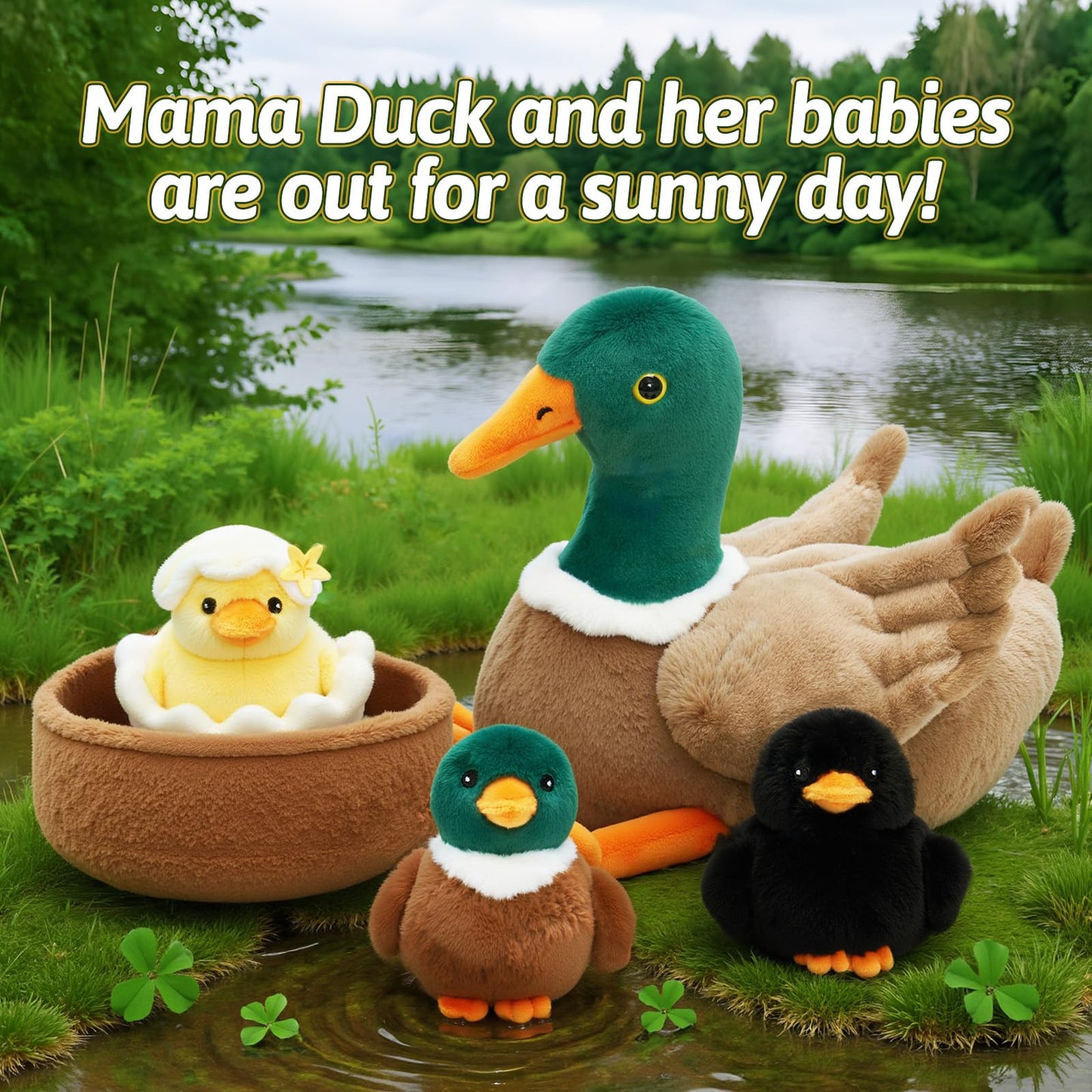 OUOZZZ Duck Stuffed Animals with 3 Ducklings and Nest – Plush Mallard Toy for Toddlers 1-3