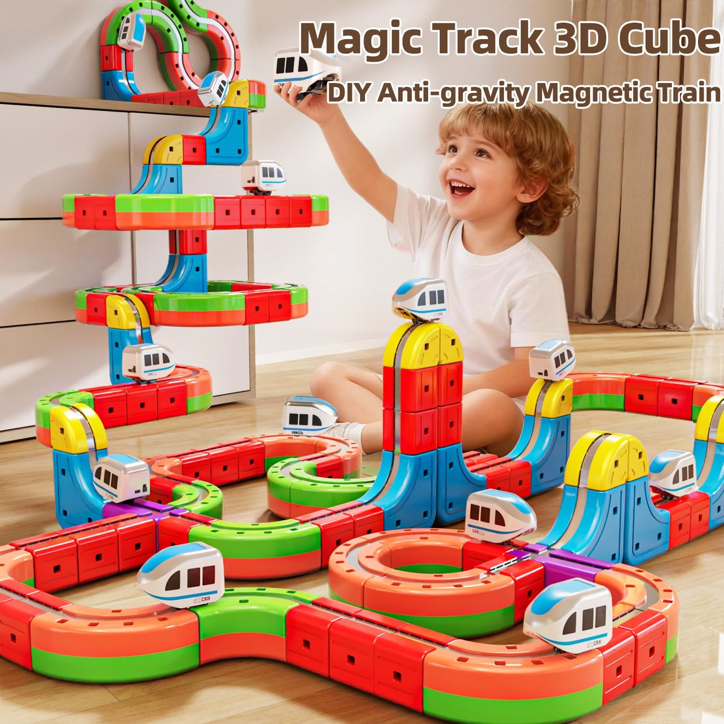 OURSHE Electric 2 Trains Set Tracks – Magnetic Rails & 3D Infinity Cubes (2 Pack)