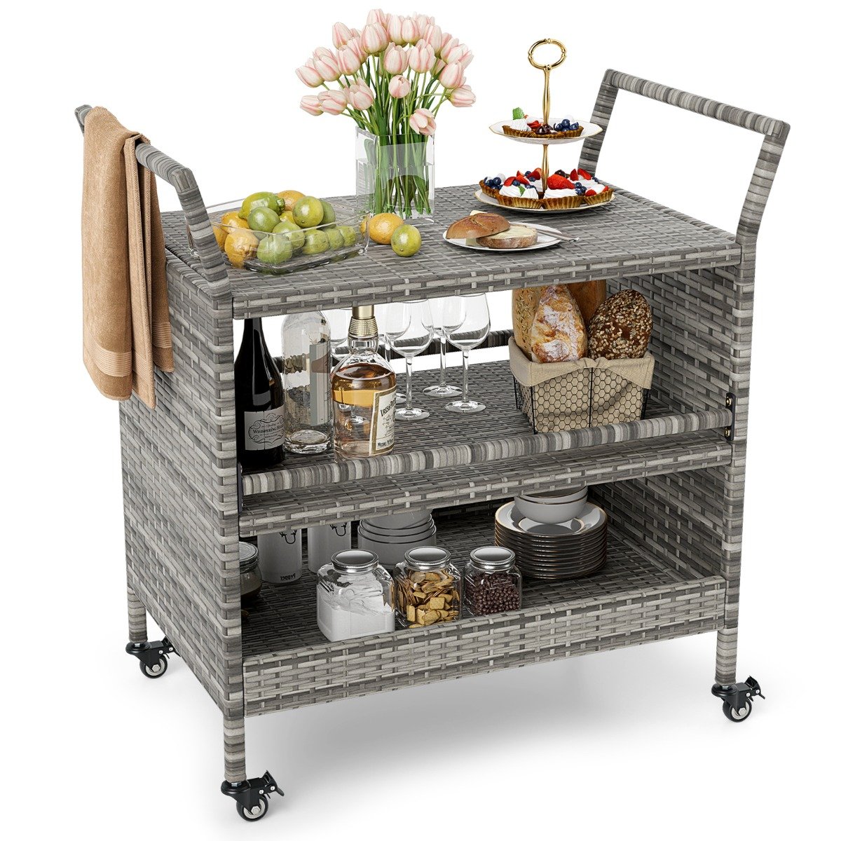 Outdoor Bar Cart 3-Tier Patio Rattan Storage Shelf Wicker Serving Table