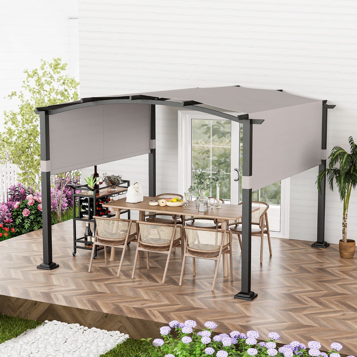 Outdoor Pergola with Retractable Sunshade Canopy and Anchored Plates-Beige