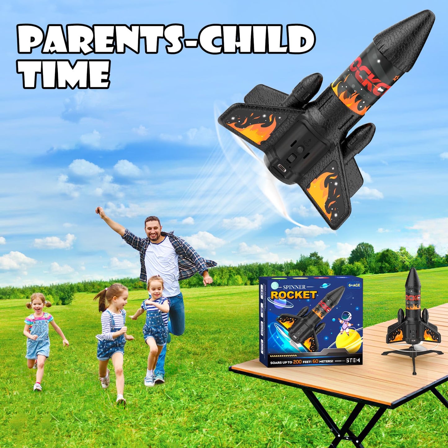 Ovaasy Rocket Launcher for Kids – 200 ft Self-Launching, LED, Parachute, Ages 8-12 (Orange)