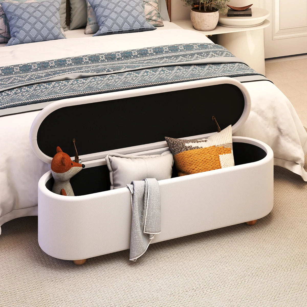 Oval Storage Bench 139 CM Long Ottoman Bench with Flip Top-White