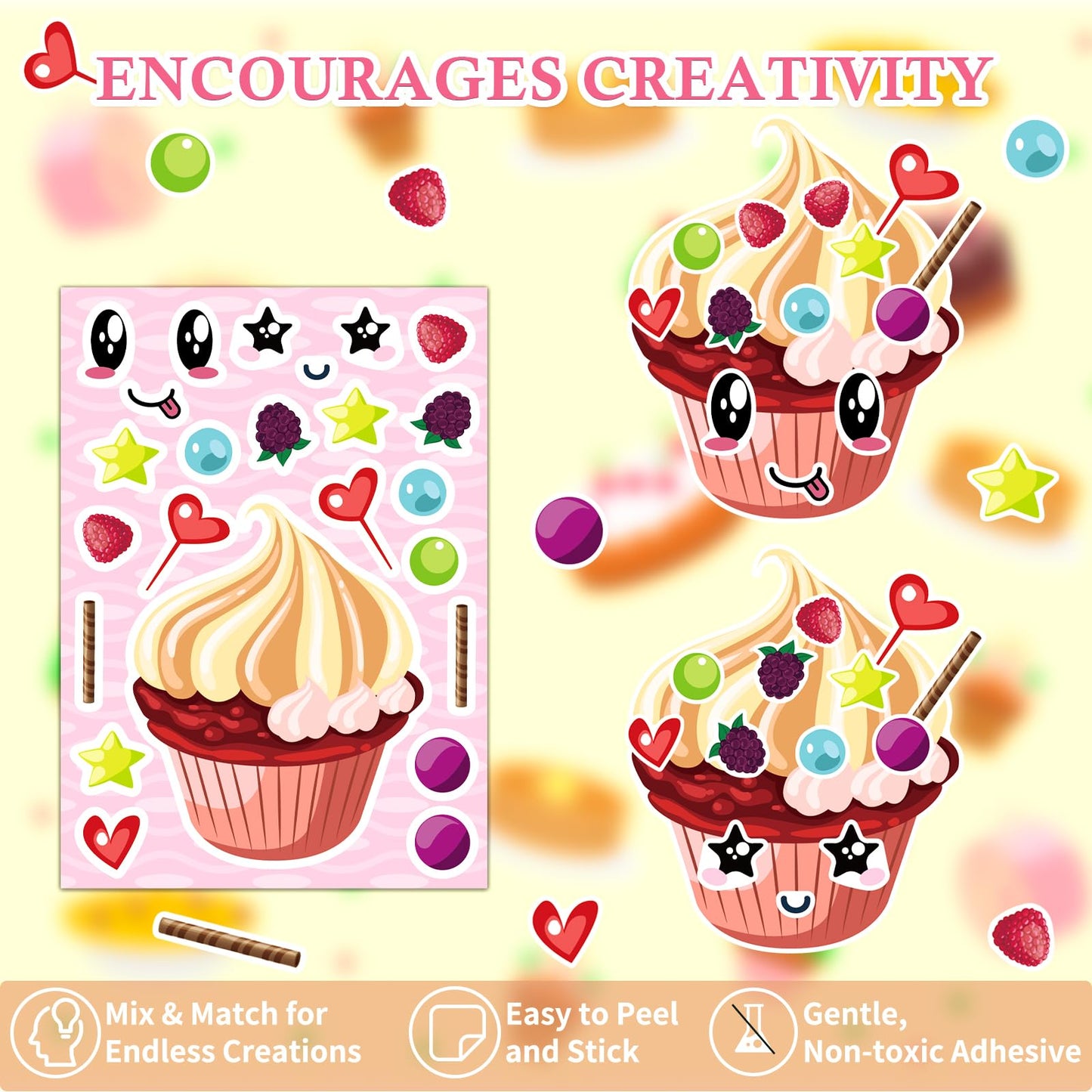 Ozepao 36 Pcs Cupcake Sticker Sheets | Mix & Match Ice Cream Desserts for Toddlers & Kids (2-8) | Party Favors & Crafts