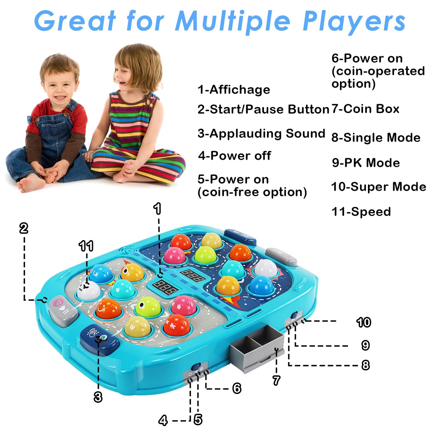 Pafolo Whack Game Mole — 2-Player Toy, 9 Speed Levels, 54 Levels, 5 Modes, Lights & Sounds