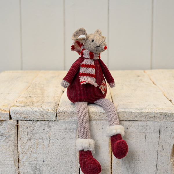 Fabric Mouse with Red Jumper Scarf and Dangly Legs (20cm)