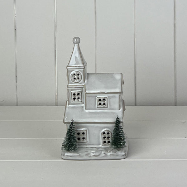Glazed Ceramic Church Ornament with Textured Detail and LED L10.8xD8.7xH19.5cm Weight- 450g
