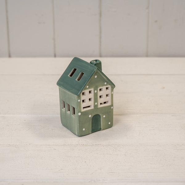 Green Ceramic LED House with Snowball Décor. 6 Hour Timer