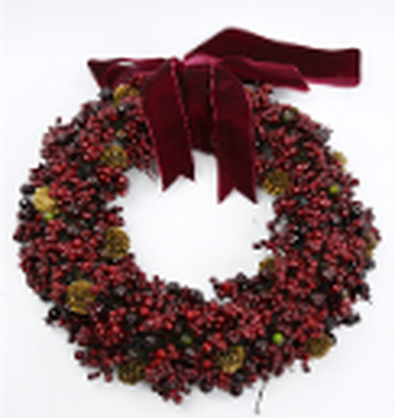 Luxery Wreath Burgendy Berry with Mini Pinecone and Velvet Ribbon Bow Medium