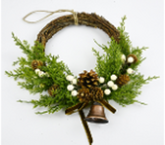 Twig Wreath With white Berry, Pinecones with Bells and Bow Detail Medium