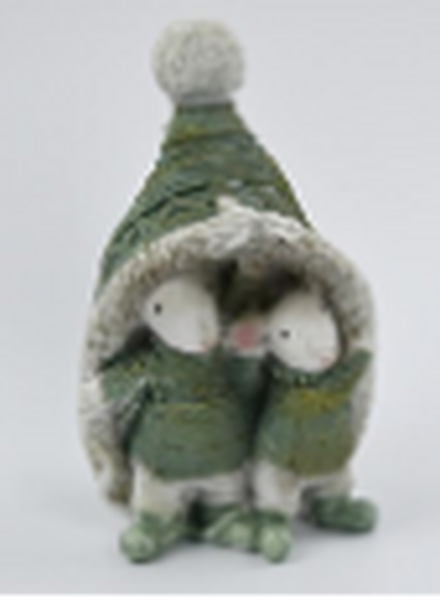 Resin Christmas Mice Hiding in Hat White and Sage Green