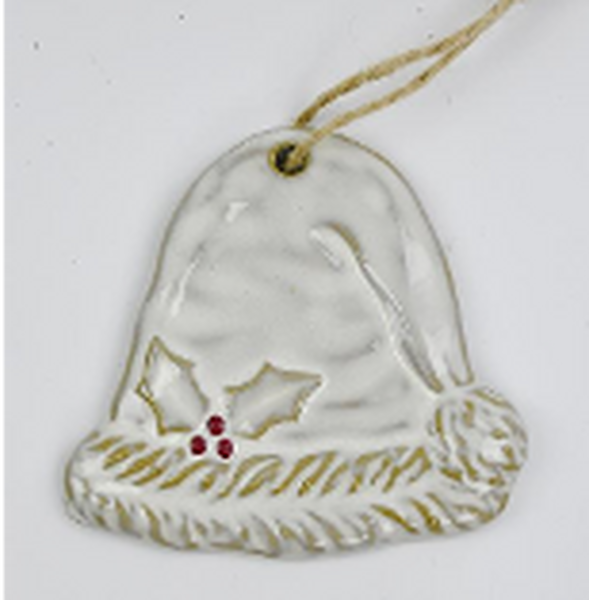Ceramic Natural Hanging Santa Hat with Holly Leaf Detail
