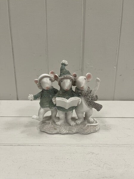 Resin Trio of Caroling Mice White and Sage Green