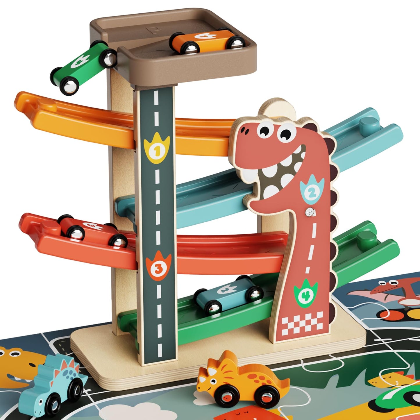 Paisure Montessori Car Ramp Toy for Toddlers 1-3 | Wooden Race Track & Cars