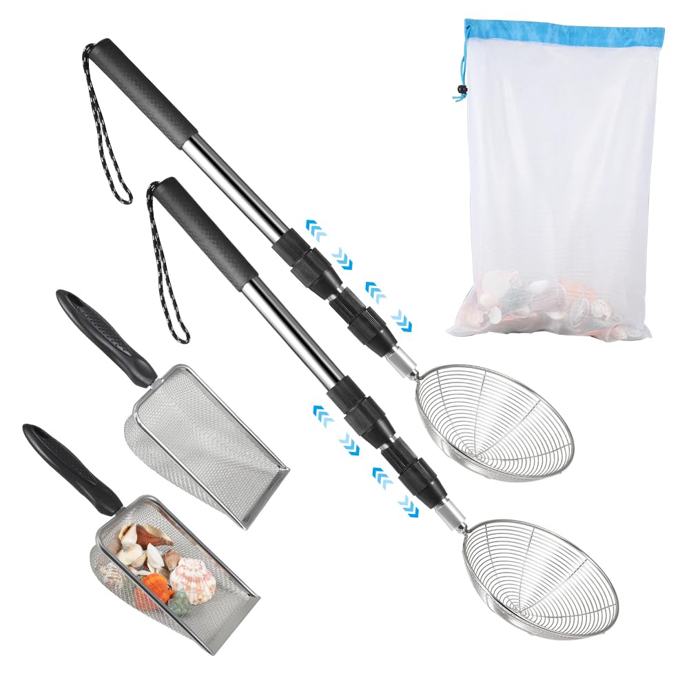 PAMISO Beach Sand Sifter – 2 Telescoping Pole Sets with Sifters, Scoops, Baskets & Mesh Bag