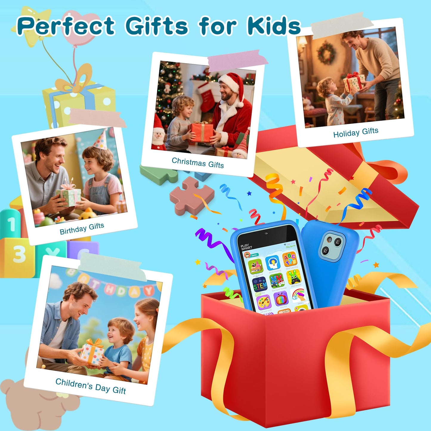 Pamox Kids Toy Phones with Dual Camera, 200+ Educational Games, Parental Control, 4-Inch Touchscreen