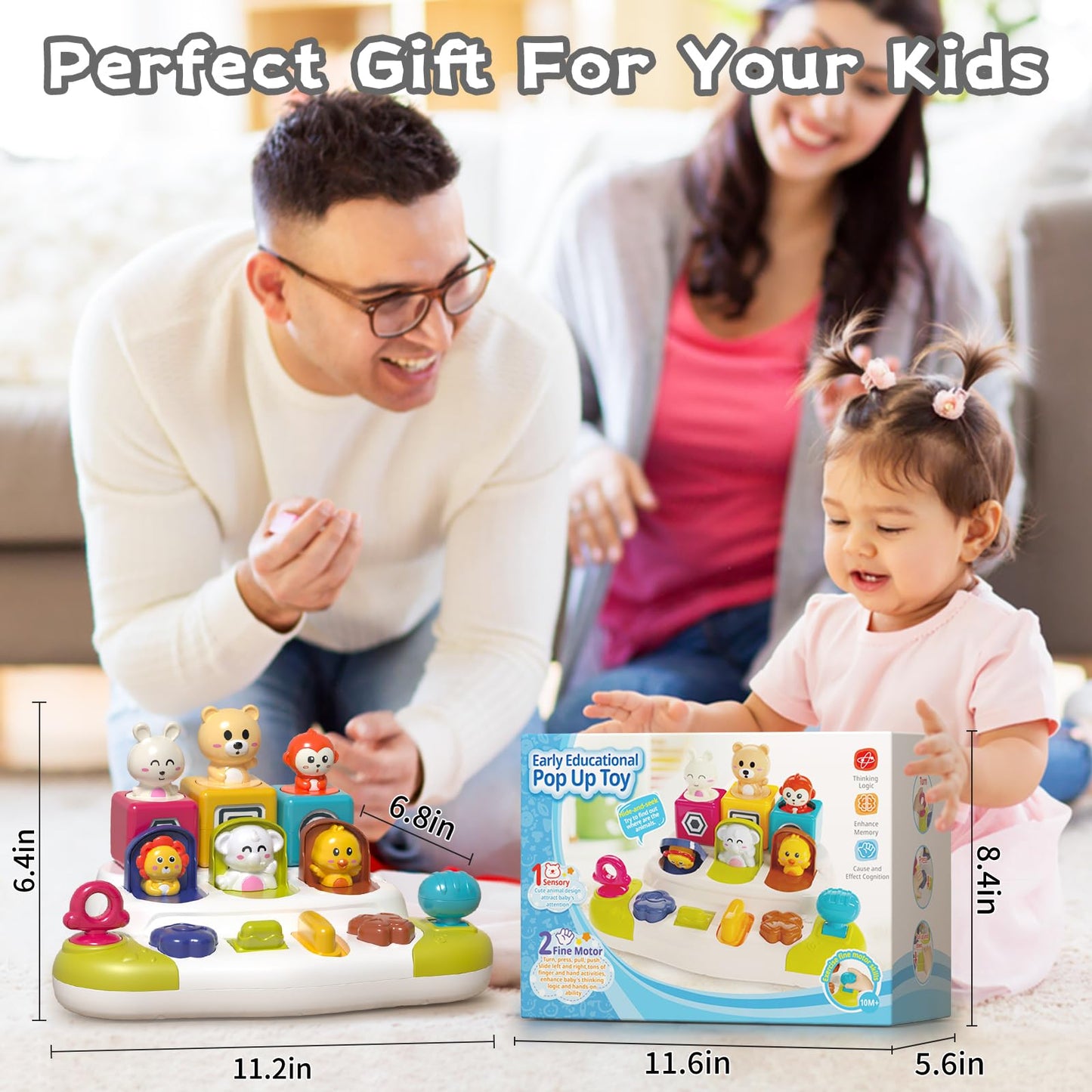 PANITU Baby Pop Up Animal Toys with Buttons & Colors – Montessori-Inspired Cause & Effect for 9 Months+