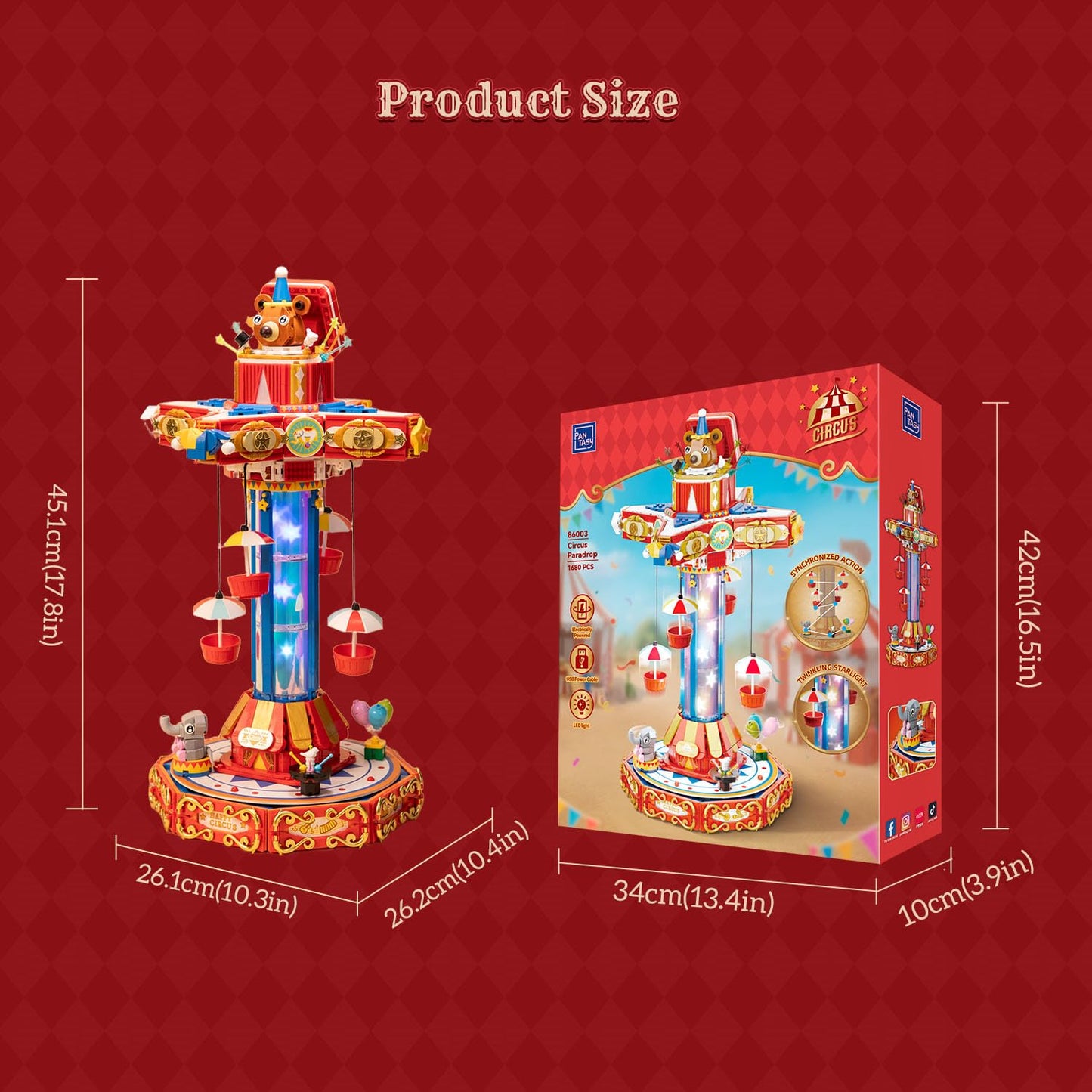 PANTASY Circus Paradrop Building Block Set — LED Lights, Motorized Ride, Type-C Powered Display
