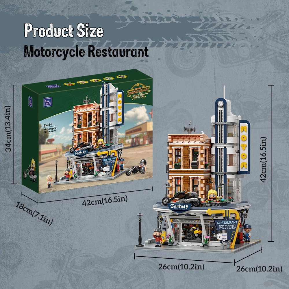 PANTASY Retro Motorcycle Diner & Bar Building Set – 4-Story Modular Corner with 4 Motorcycles & 5 Minifigures