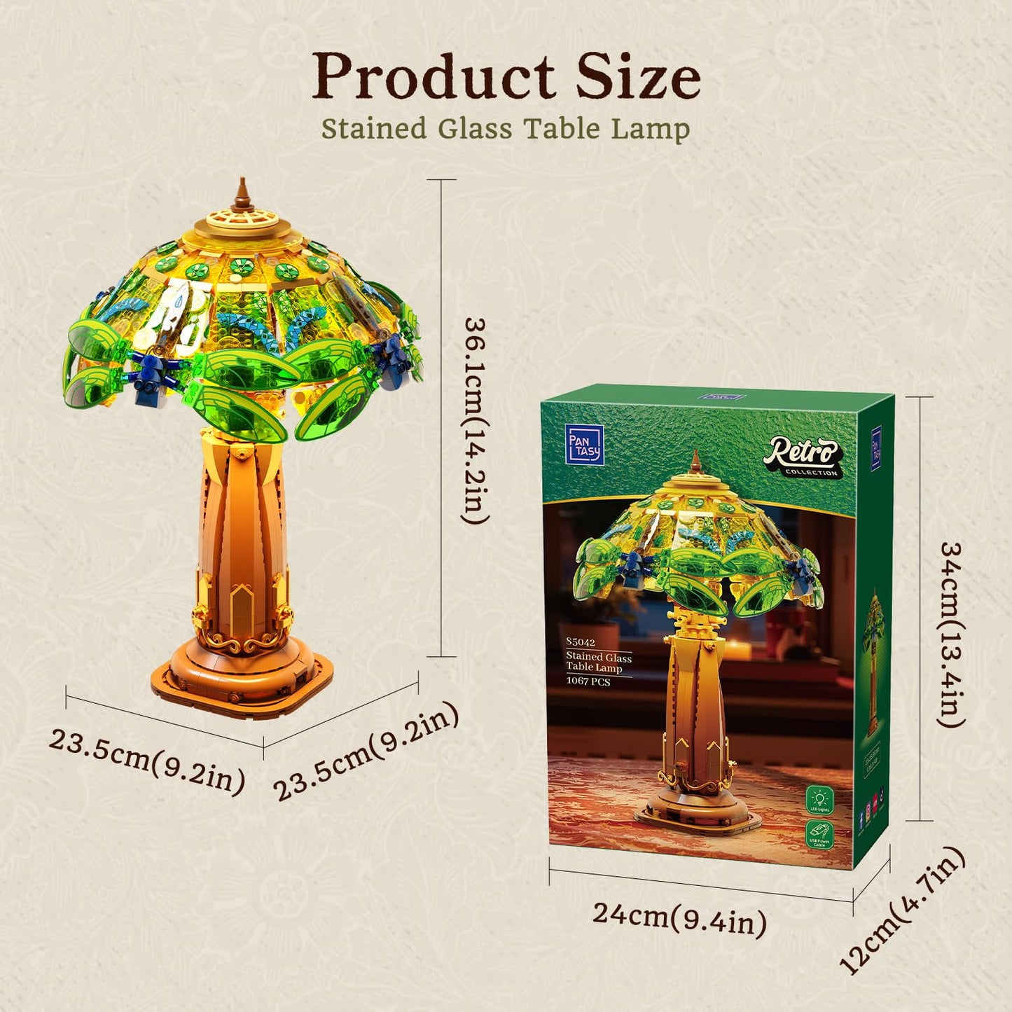 Pantasy Vintage-Style Dragonfly Floral Table Lamp | Stained Glass Build, USB-C