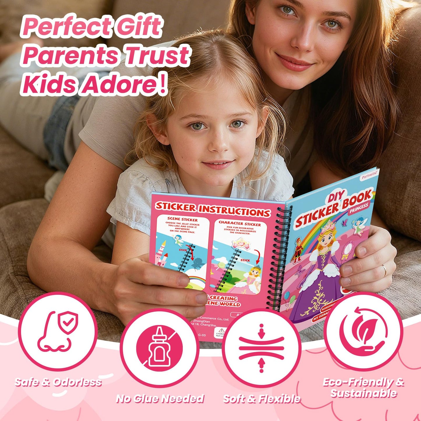 PARTYWIND Princess Reusable Sticker Book for Toddlers – DIY Jelly Stickers & Travel Activity