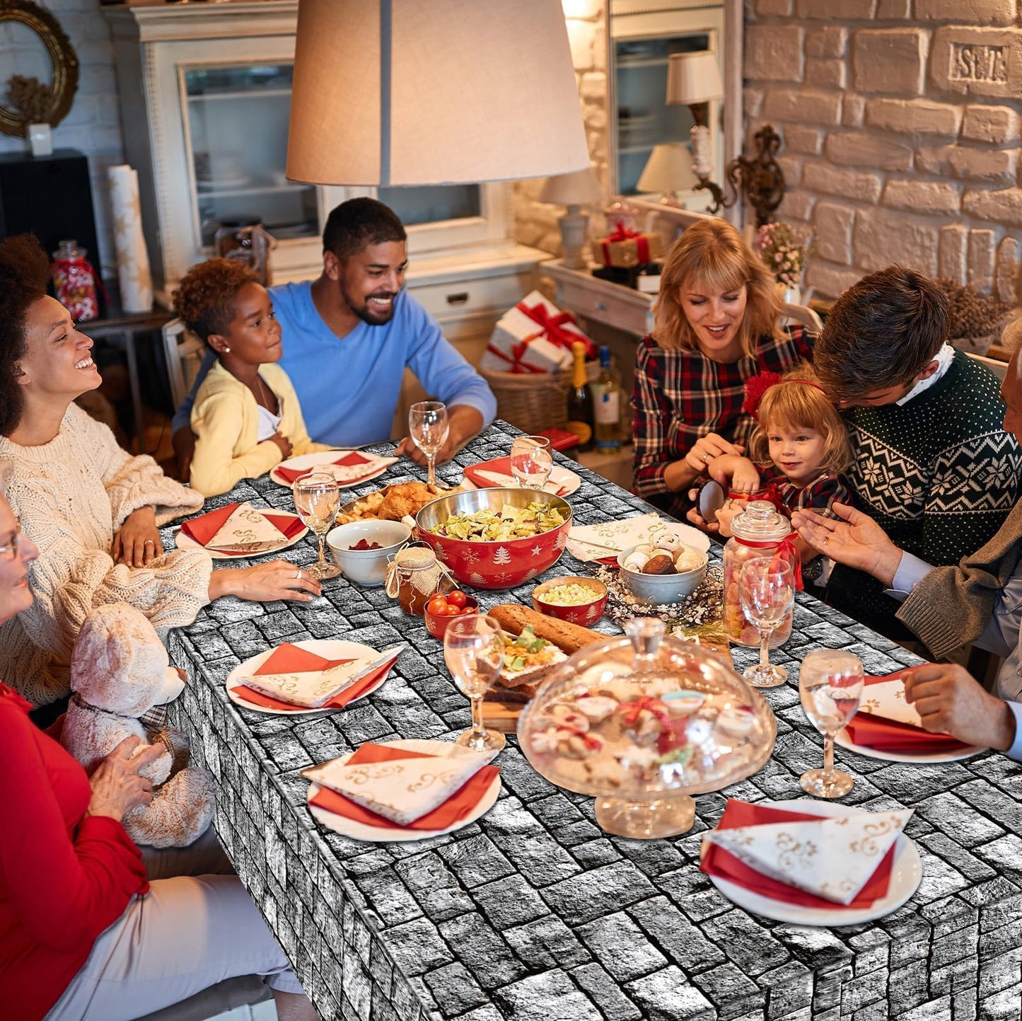 Party Greeting Brick Stone Wall Tablecloth Roll | 100ft x 51in Disposable Medieval Backdrop & Table Cover