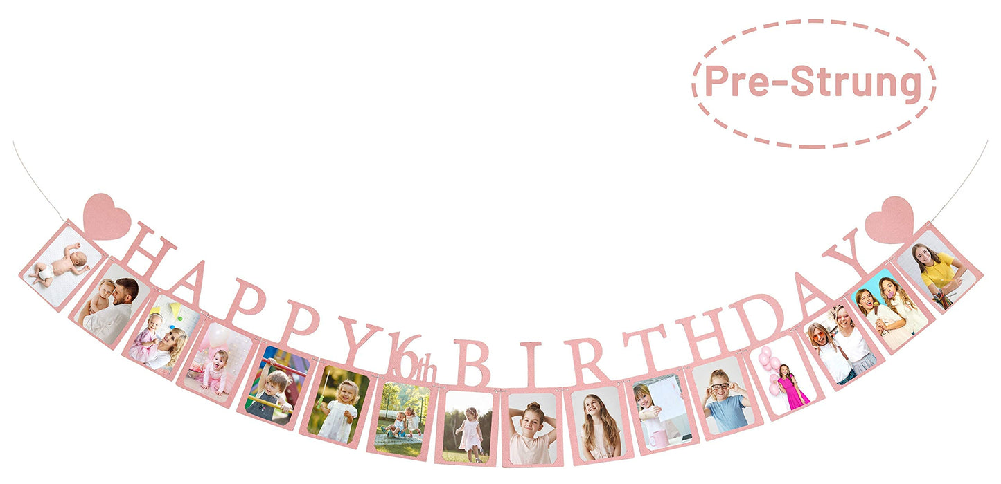 Sweet 16 Photo Banner in Rose Gold – Pre-assembled with 16 Frames | PartyHooman