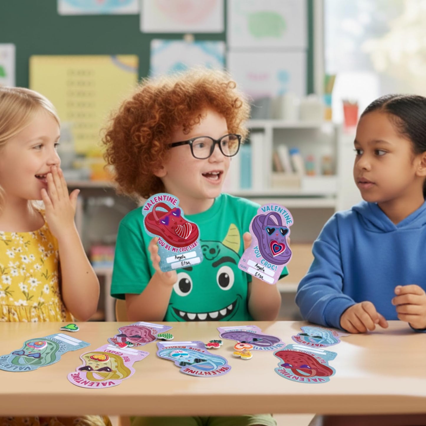 PARTYLOUD Valentines Day Cards for Kids – 36 Classroom Cards with Heart Shoe Charms (Candy-Free Exchange)