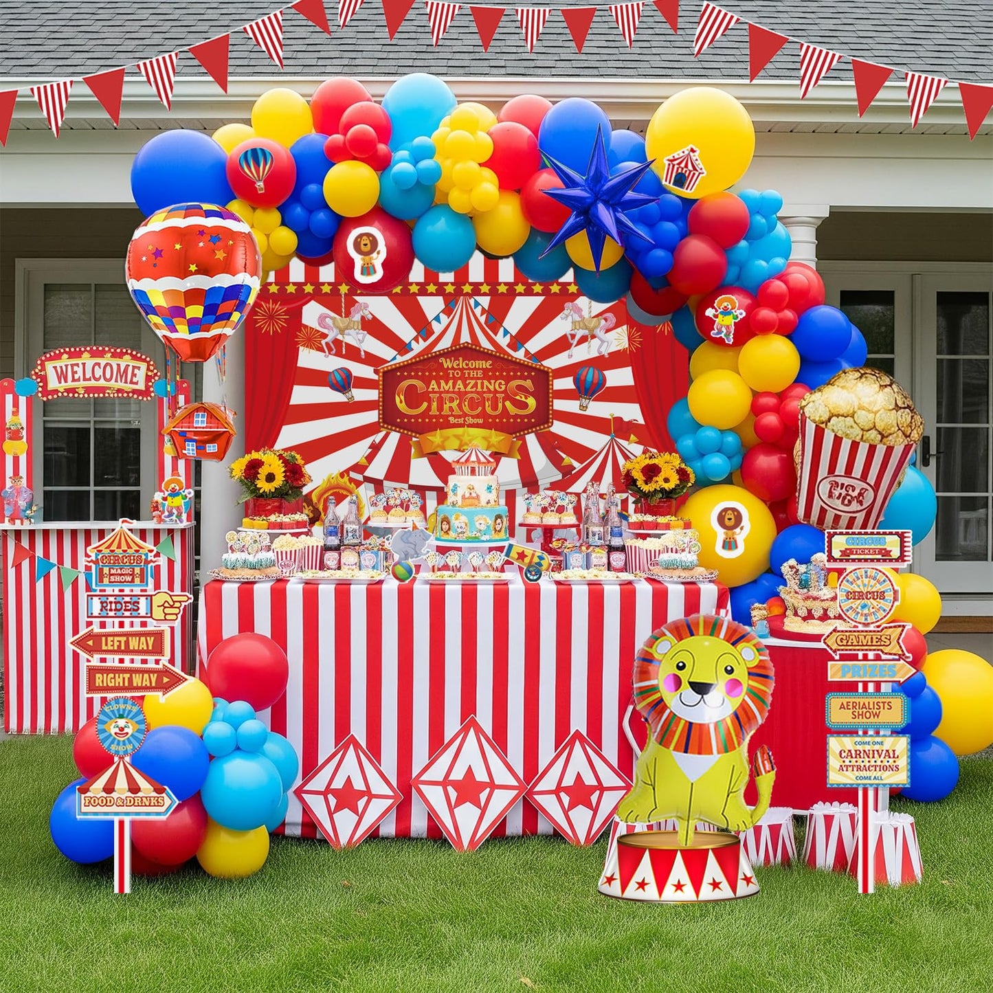 PartyMigo Carnival Theme Decorations – Balloons, Striped Banner, Backdrop & Signposts