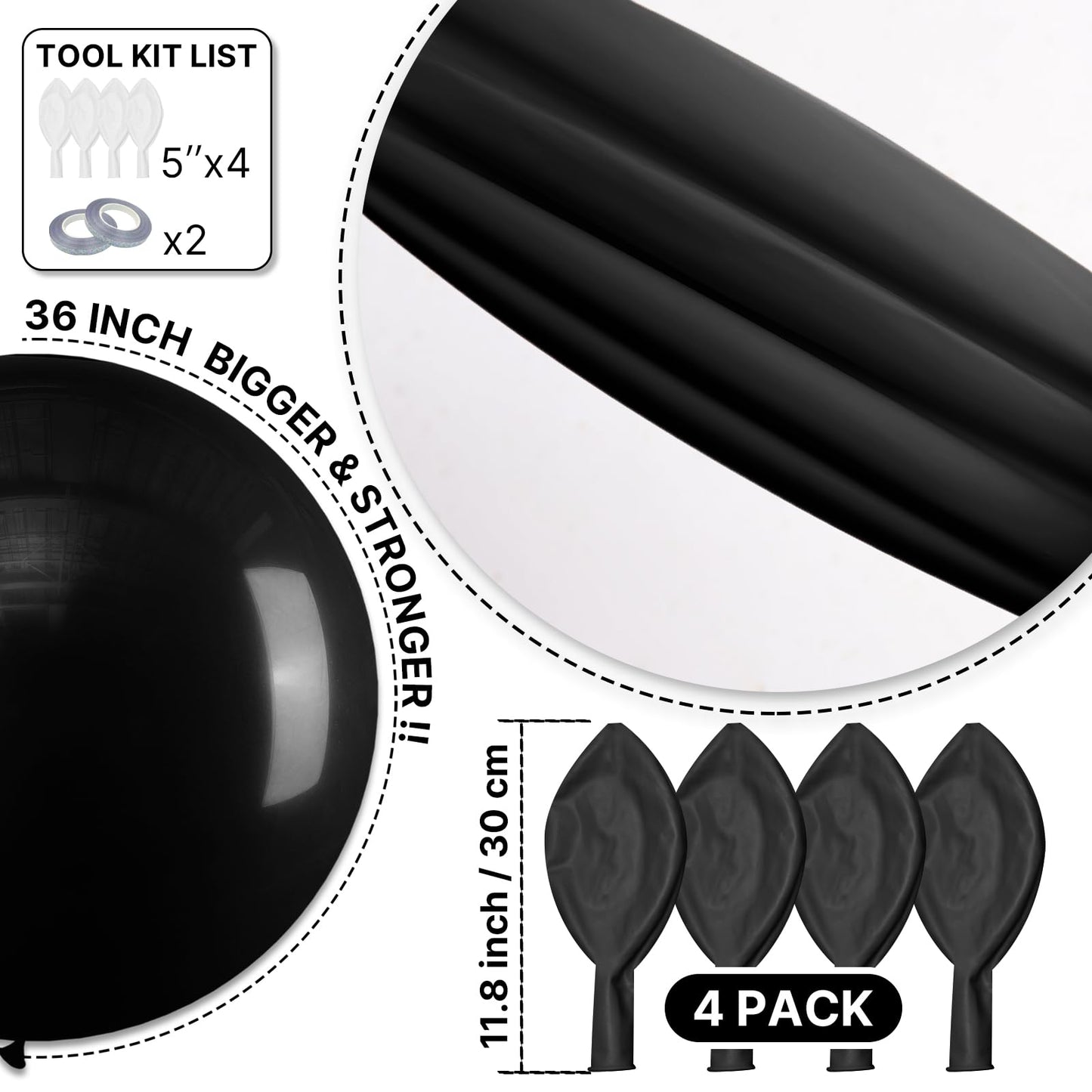 PartyWoo Black 36in Latex Balloons – 4pc Matte, Ideal for Parties & Celebrations