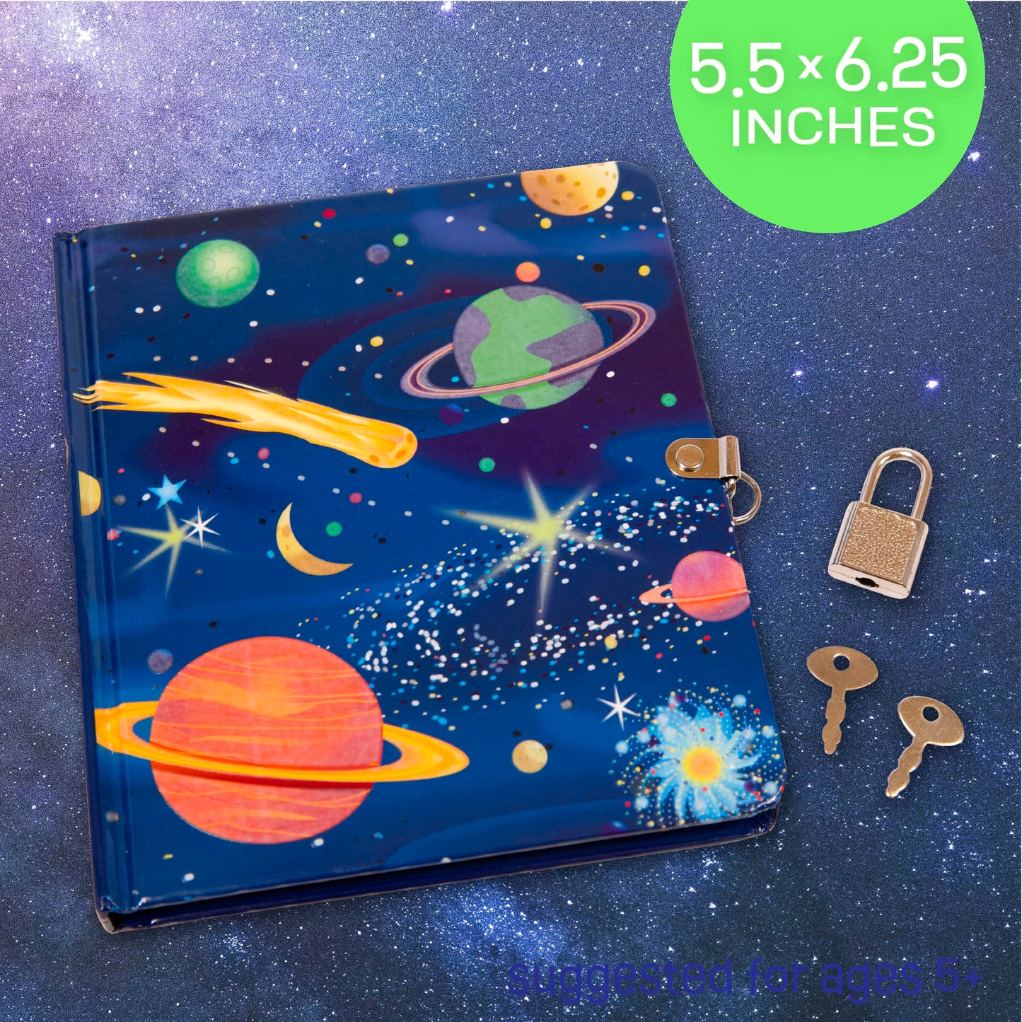Peaceable Kingdom Deep Space Glow-in-the-Dark Lock & Key Diary for Kids – 5.5 x 6.25 in