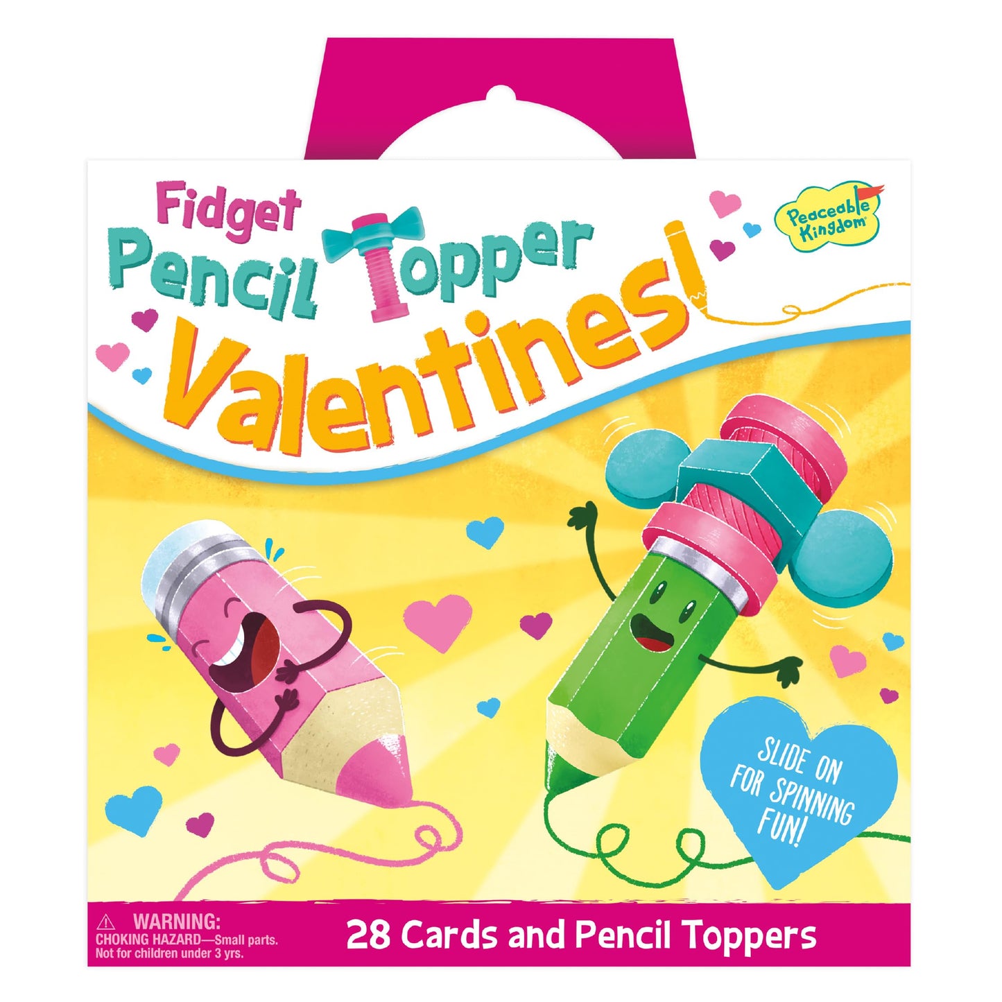 Peaceable Kingdom Valentines Cards for Kids Classroom – 28 Fidget Spinner Pencil Toppers