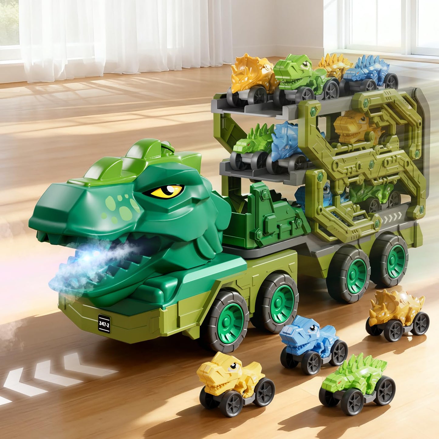 PEADUCK 10-in-1 Dinosaur Carrier Truck – Foldable Track, Lights & Spray for Ages 3-8