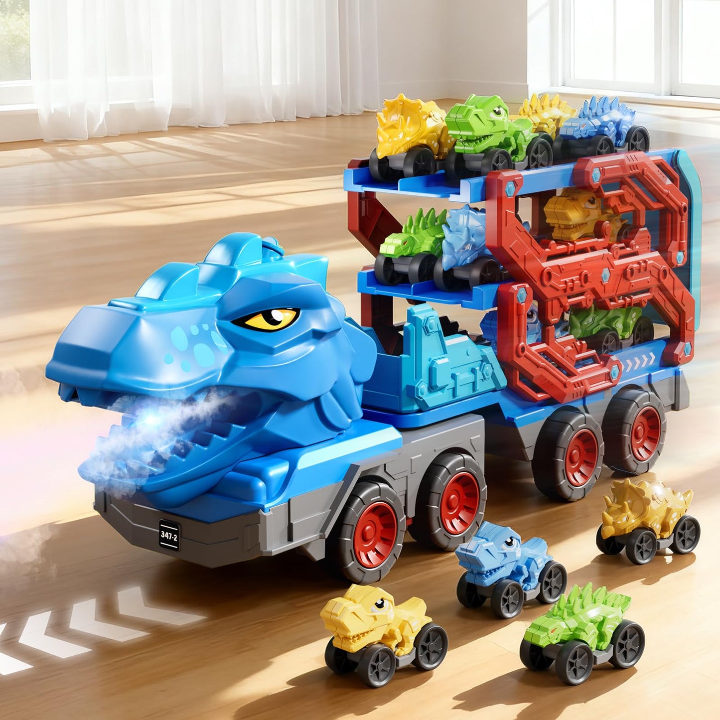 PEADUCK 10-in-1 Dinosaur Carrier Truck with Foldable Track, Lights & Sounds