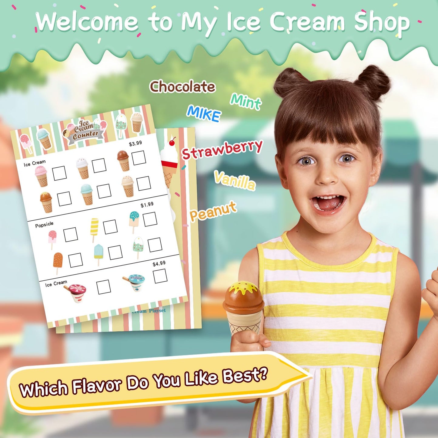 Peccvon Wooden Ice Cream Toys for Kids – Pretend Play Counter Set with Scoop & Money