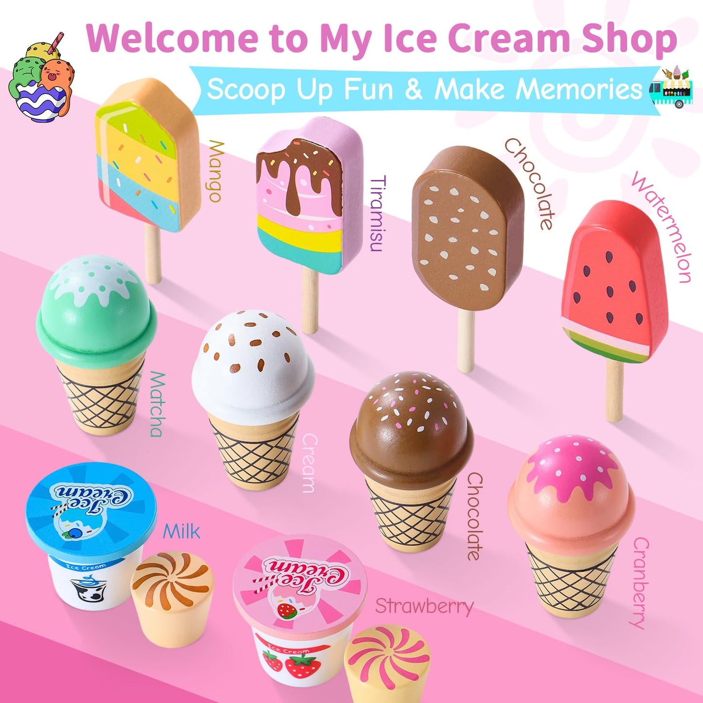 Peccvon Wooden Ice Cream Toy Stand — Pretend Play Set for Kids 3-6