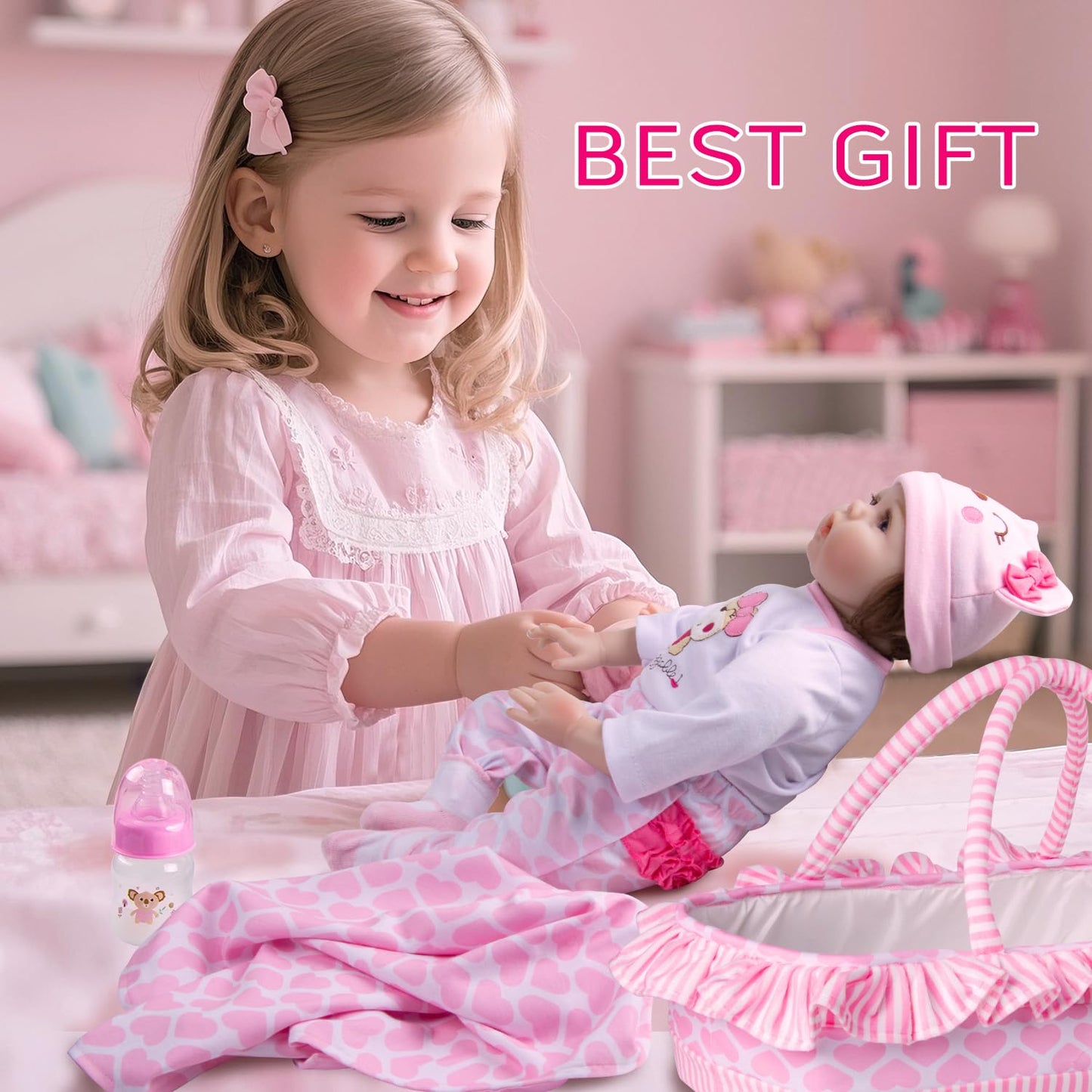 Pedolltree 12-Piece Pink Little Bear Doll Clothes for 17–22 Inch Reborn Dolls with Bassinet