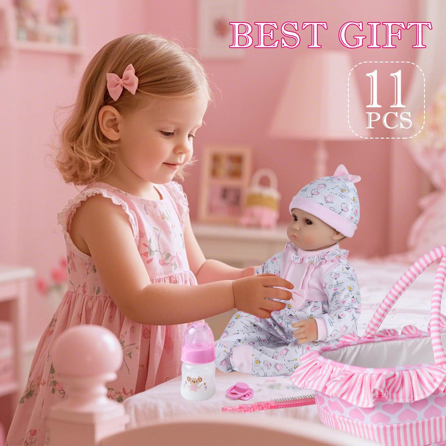 Pedolltree 11-Piece Pink Chick Doll Clothes for 16-18in Reborn Dolls with Pink Heart Bassinet