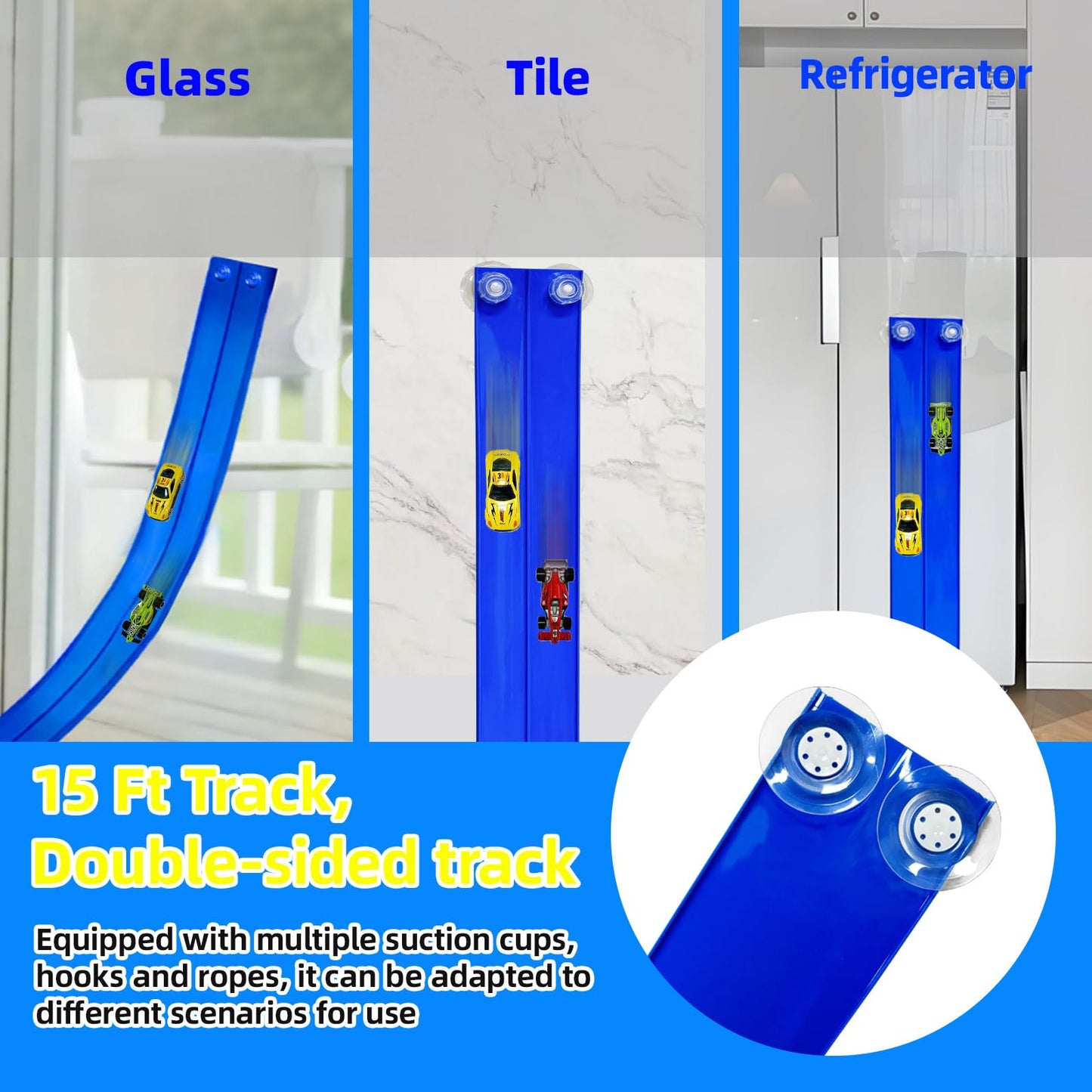 PENIXEL Flex Track 15 Ft Race Car Track – Rolls Up, Suction Cups, 1/64 Cars – Blue