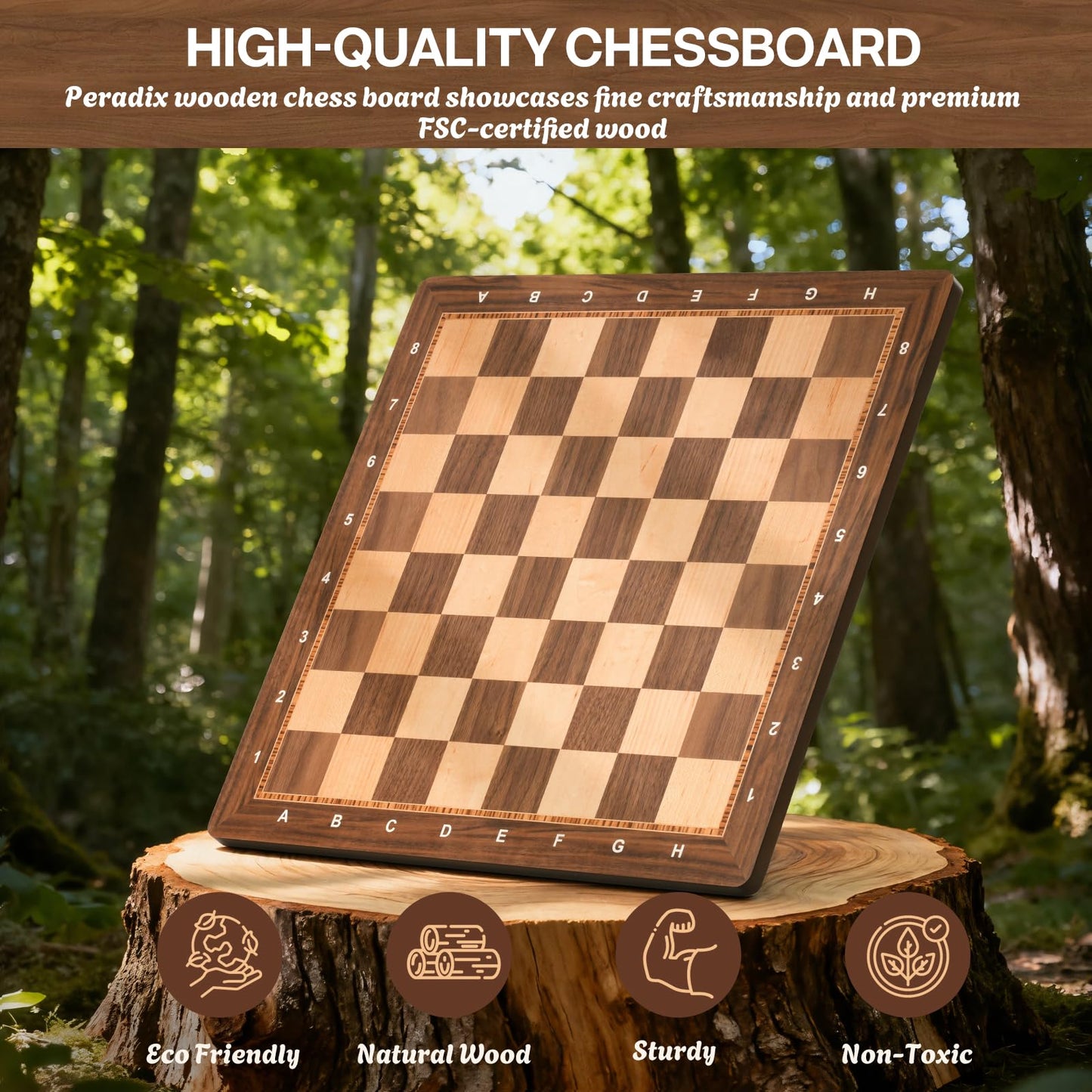 Peradix Wooden Chess Board - 18.89-inch Walnut & Maple Inlaid, Tournament-Grade (No Pieces)