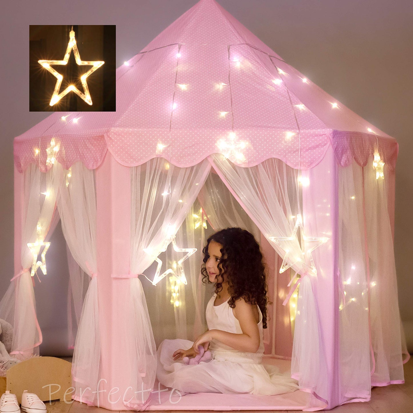 Perfectto Design Princess Castle Play Tent with Star Lights – Indoor Play for Girls 3-7